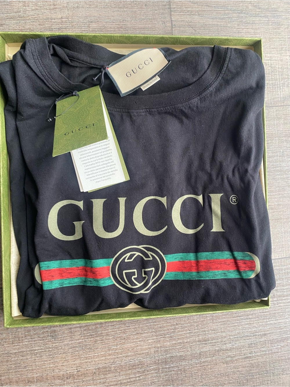 Gucci Black Crewneck Tee with Green and Red Stripe